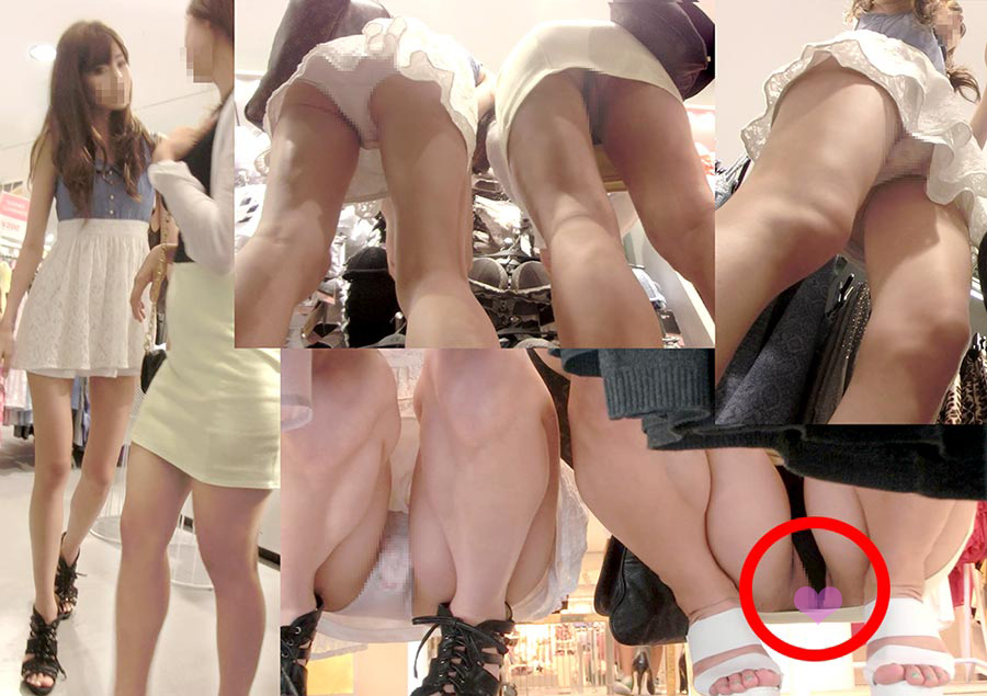買い物にきたオシャレ女子のパンチラ盗撮！同時に2人撮られてますｗしかもマン毛がハミ出てるぜ!!【pcolle】001